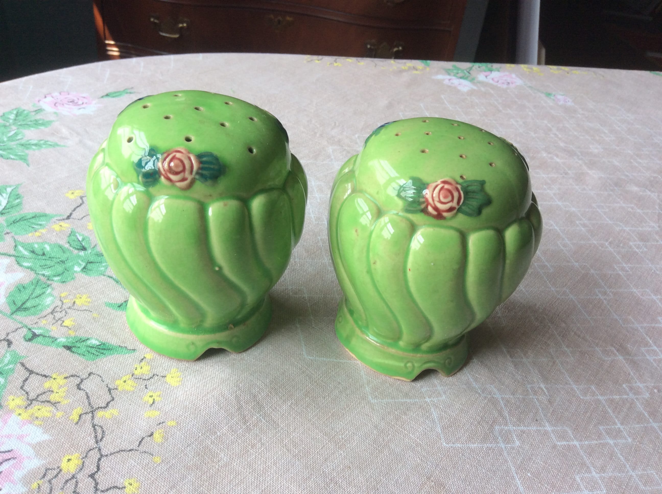 Pair of oversized green ceramic salt and pepper shakers with Etsy