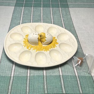 Hand Painted Ceramic Nest Egg Plate with Chick and Egg Salt and Pepper Shakers - Initialed and Dated
