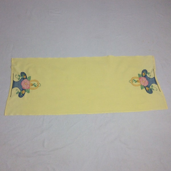 Handmade Swedish Weaving/Huck Embroidered Flower Basket yellow dresser scarf/table runner