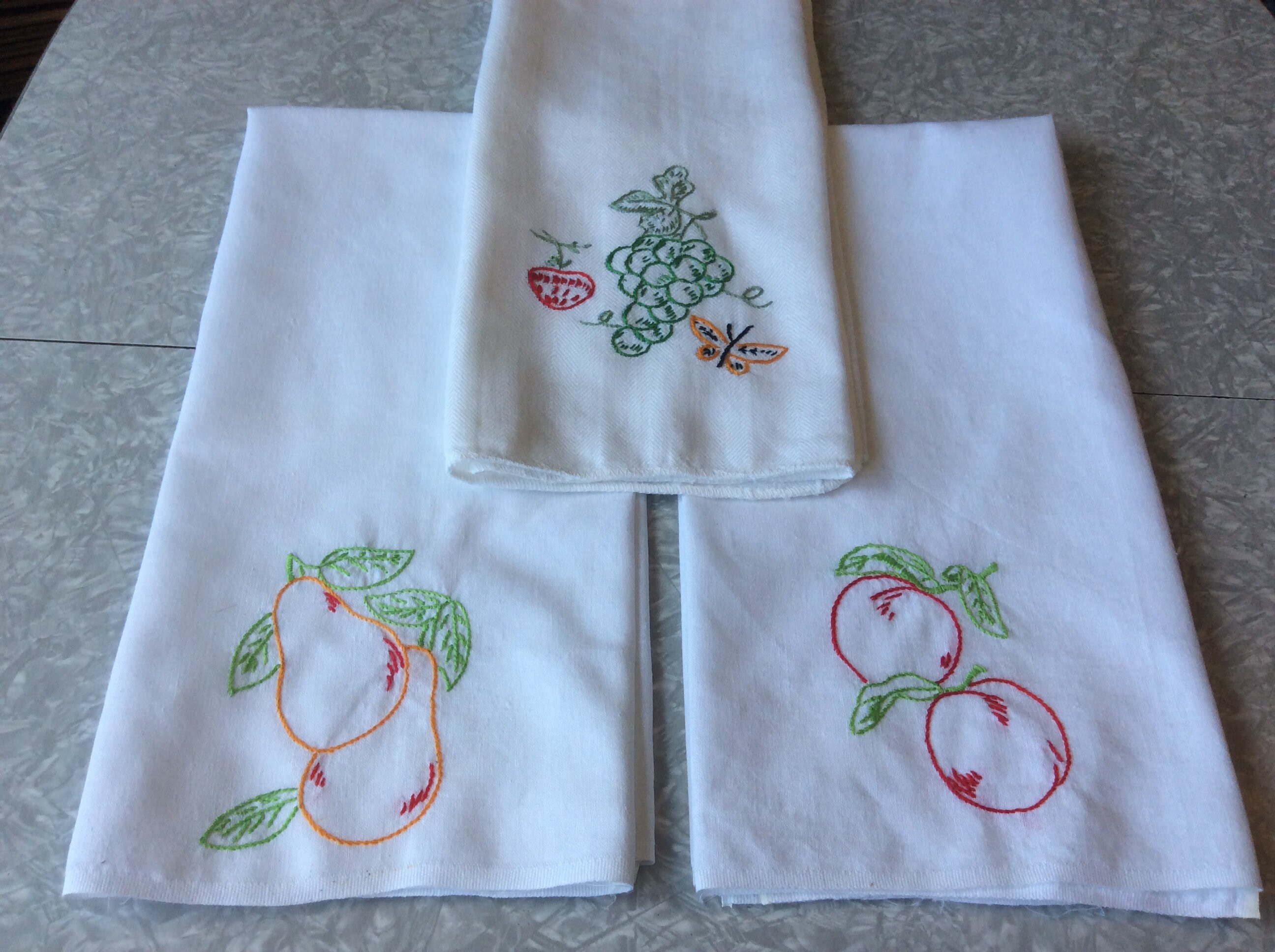 Set of three Hand Embroidered “Fruit” kitchen drying towels