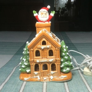 Lefton “Santa in the Chimney” Gingerbread Style Hand Painted Porcelain Christmas House