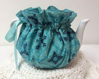 Handmade Turquoise Tea Cozy: Reversible Cotton Fabric, Insulated Lining
