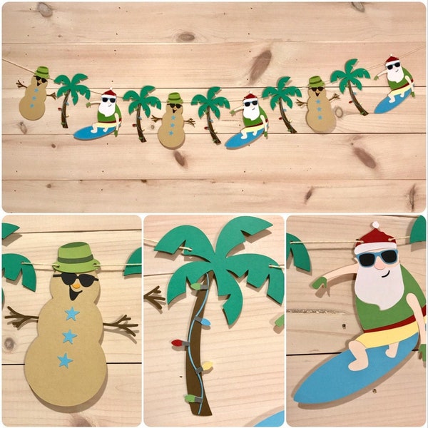 Tropical Christmas Banner, Christmas in July Garland, Surfing Santa Decor, Palm Tree Christmas Banner, Tropical Hawaiian Christmas Garland