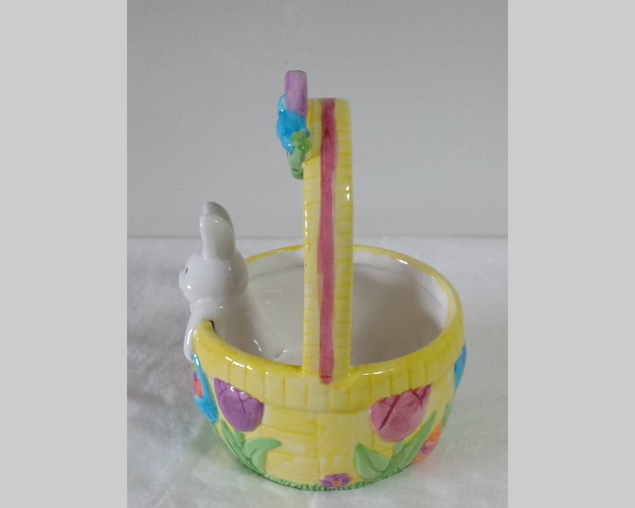 Vintage Ceramic Easter Basket Planter Bunny Tulips Yellow Etsy