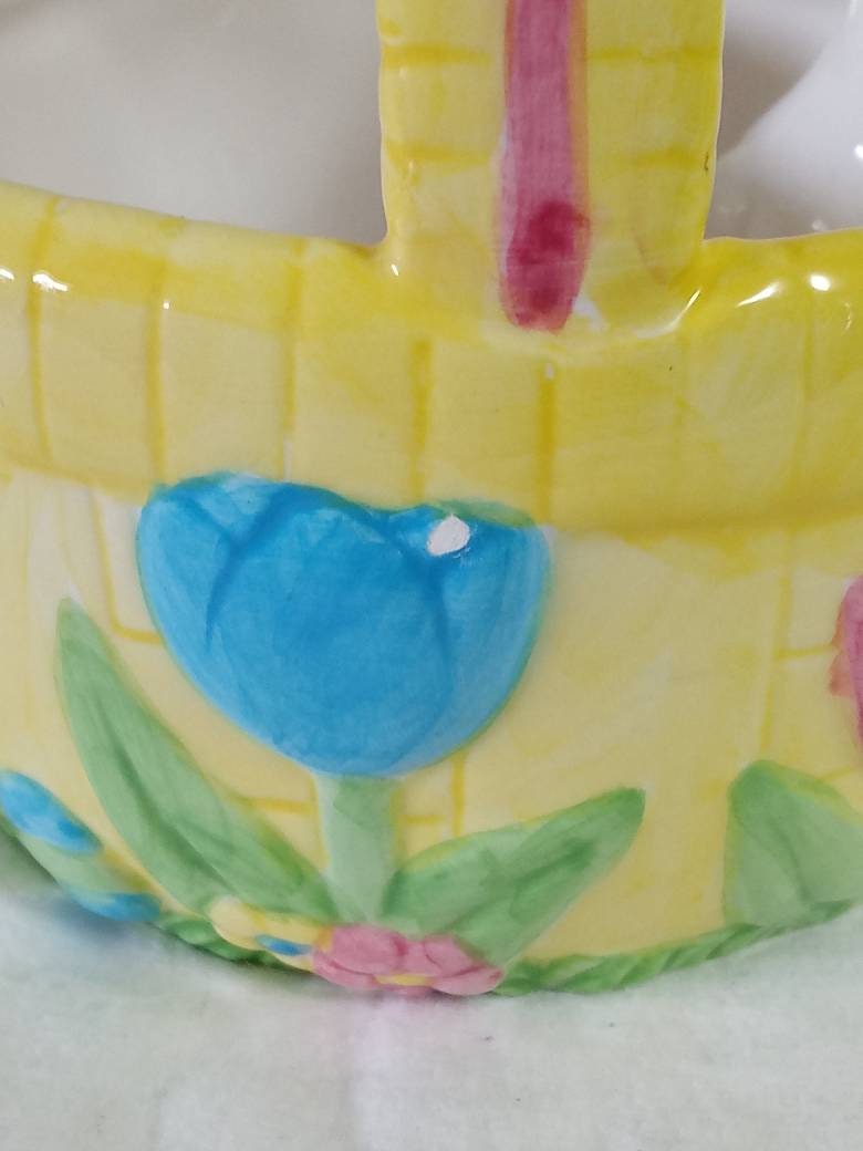 Vintage Ceramic Easter Basket Planter Bunny Tulips Yellow Etsy