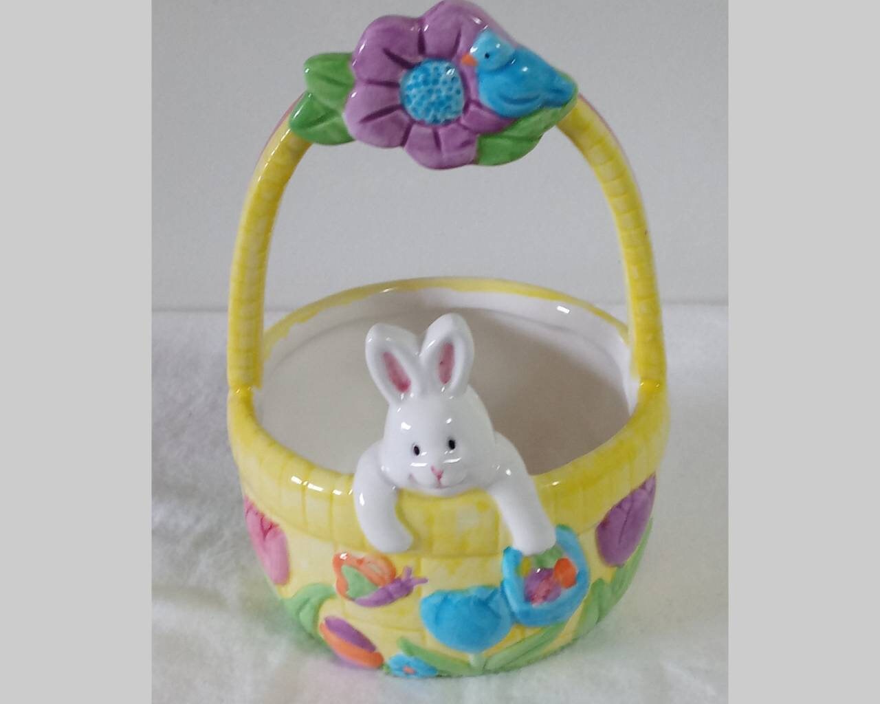 Vintage Ceramic Easter Basket Planter Bunny Tulips Yellow Etsy