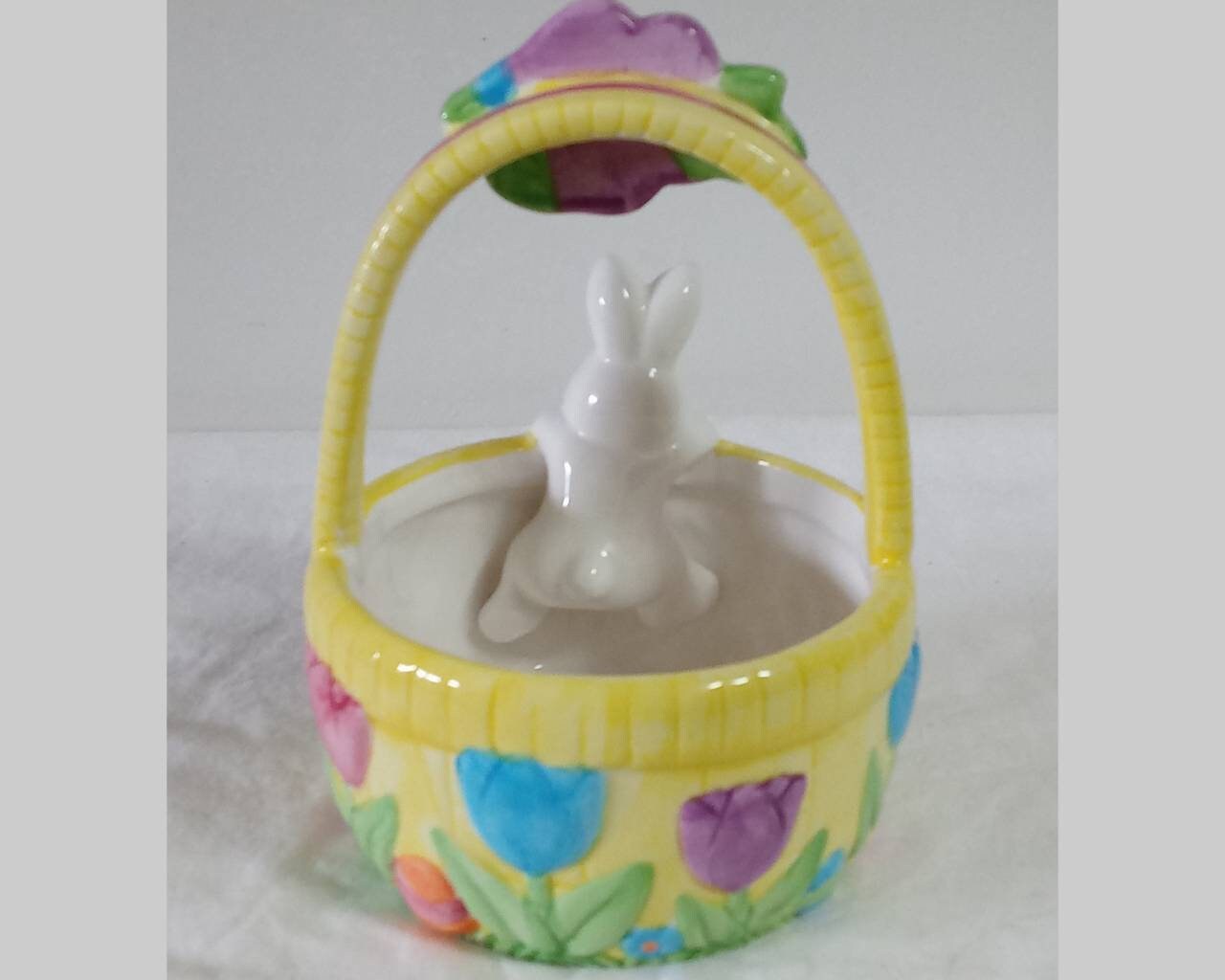 Vintage Ceramic Easter Basket Planter Bunny Tulips Yellow Etsy