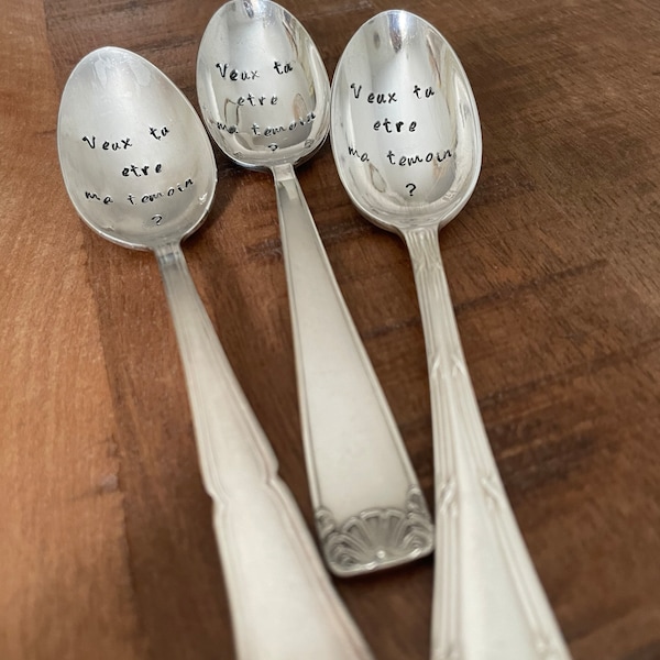 Spoon engraved with "Will you be my witness?", simple handle