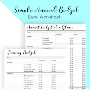 Monthly Budget Template - Annual Budget Spreadsheet - Simple Monthly Budget Spreadsheet - EXCEL Worksheet