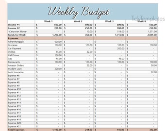 Plantilla de presupuesto semanal para dos ingresos/Registro de gastos semanales/Rastreador de gastos - Hoja de trabajo EXCEL