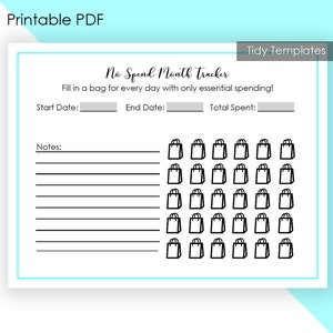 Peut inclure: Un suivi de mois sans dépenses imprimable avec un design noir et blanc. Le suivi comprend une section pour la date de début, la date de fin, le total dépensé et des notes. Il y a 31 sacs de shopping à colorier pour chaque jour du mois.