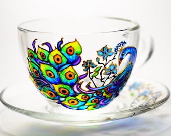 Peacock Tea Cup and Saucer, Mother's Day Gift, Tea Set Glass Teacup