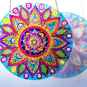 Mandala Stained Glass Hanging, Colorful Suncatcher for Window, Chakra Stained Glass Panel Personalized