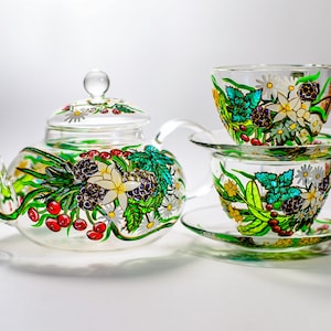 Personalized Tea Set Teapot with Cups and Saucers, Botanical Tea Cups Saucer Set Mother&#39;s Day Gift, Glass Teapot with Teacups