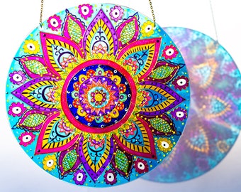 Mandala Stained Glass Hanging, Colorful Suncatcher for Window, Chakra Stained Glass Panel Personalized
