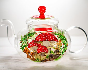 Personalized Teapot Mushroom Tea Pot for Grandma, Mothers Day Gift, Custom Grandma Gift, Glass Teapot with Infuser, Mother's Day Gift Nana