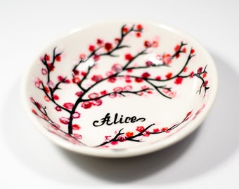 Cherry Blossom Jewelry Dish, Personalized Ceramic Ring Dish, Engagement Gift, Hand Painted