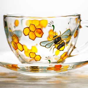 Bee Tea Cup and Saucer Personalized Mother's Day Gift, Tea Set Hand Painted Bee and Honeycomb Wedding Cup, Teacup and Saucer Set Grandma