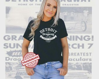 Detroit Dragway® Sunday Sunday Ladies T-Shirt Black Short Sleeve Shirt Image On Front