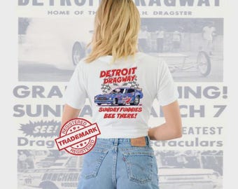 Detroit Dragway® SUNDAY fUNNIES LADIES Shirt #1 White Short Sleeve Shirt Image On BACK