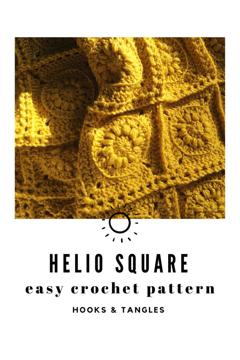 May include: Close-up of a mustard yellow crocheted blanket. The blanket is made of square panels with a floral design in the center of each square. The text "HELIO SQUARE easy crochet pattern" is displayed.
