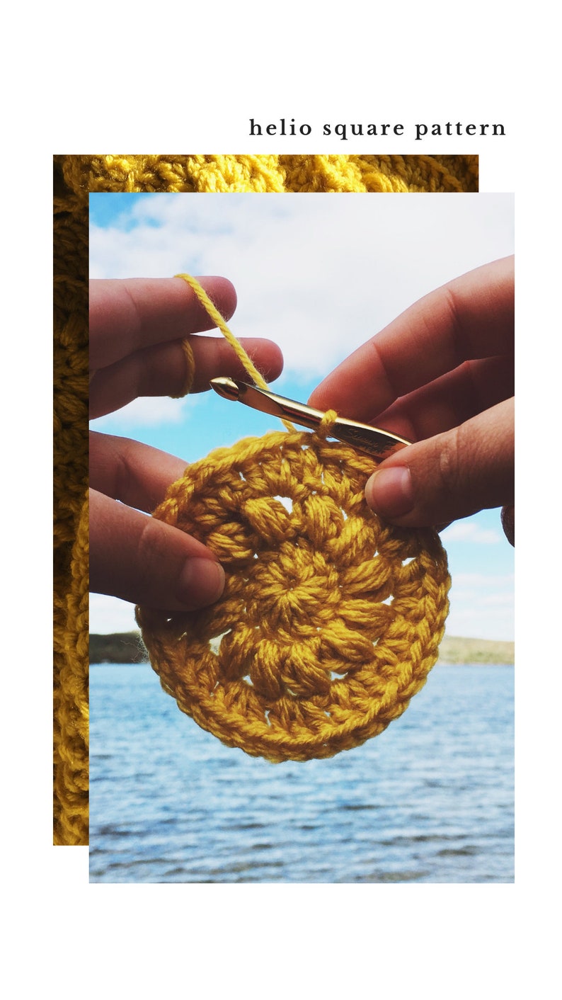 May include: A close-up of a crocheted yellow circle with a crochet hook and yarn. The text "helio square pattern" is at the top. The background shows a blue sky and water.