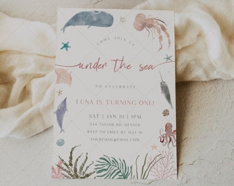 Under the Sea Birthday Invitation, Any Age, Ocean Birthday, First Birthday, Beach Birthday, Ocean, Sea | DC206
