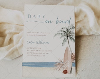 Modelo de convite para chá de bebê "Bebê a bordo", convite editável para chá de bebê "Surf Beach", chá de bebê de verão, para imprimir, convite para chá de bebê | DC304
