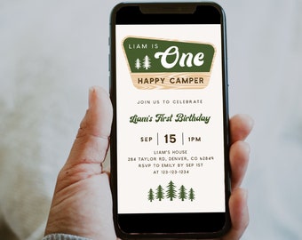 One Happy Camper Birthday Invitation, Mobile Invite, Digital, Evite, Text, Phone, Boy, Camping First Birthday Invite, Camp | DC290