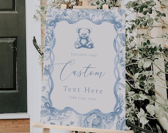 Puede incluir: Un cartel de bienvenida floral azul y blanco con una ilustración de un osito de peluche. El cartel dice "Editable sign Custom Text Here Add your text".