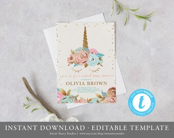 Blush Unicorn Baby Shower Invitation Card - Editable Invitation - Pink, Mint, Gold Glitter - Watercolor Magical | DC018