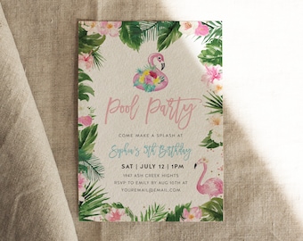 Tropical Pool Party Birthday Invitation, Girls Summer Birthday, Flamingo, Floats, Swim, Digital Invite | DC023