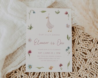 Goose Birthday Invitation, Silly Goose Birthday Invite, Vintage, Goose, Farm, Baby Girl, Any age, First Birthday Invite | DC302