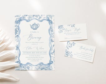 Baby Shower Tea Party Invitation Card Bundle, Book Request, Diaper Raffle, Baby is brewing, High Tea, Elegant, Blue Chinoiserie | DC257