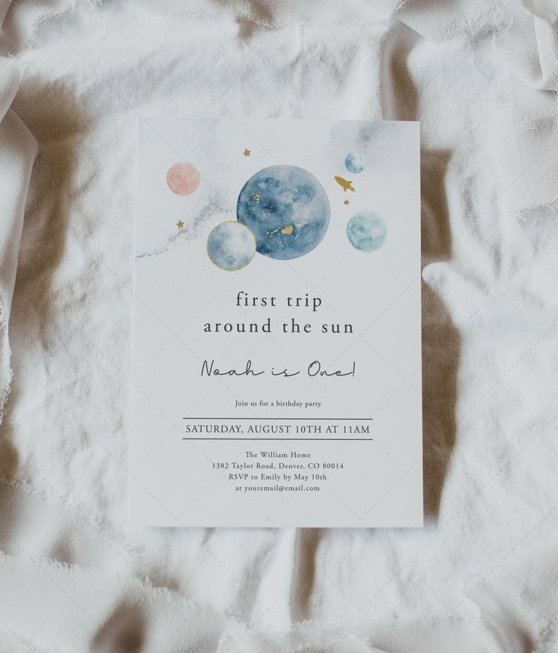 May include: A blue and white watercolour illustration of planets and a rocket ship with the text "first trip around the sun Noah is One!" Join us for a birthday party Saturday, August 10th at 11am. The William Home 1382 Taylor Road, Denver, CO 80014 RSVP to Emily by 10th May at youremail@email.com