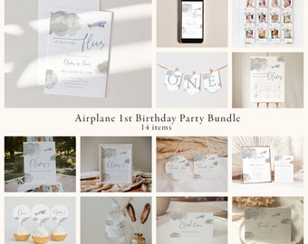 Airplane First Birthday Party Bundle, Vintage Airplane Birthday Invitation Bundle, Editable, Printable | DC284