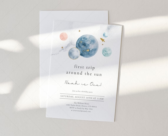 Space First Birthday Party Invitation, First Trip Around the Sun, Galaxy, Moon, Planets | DC209