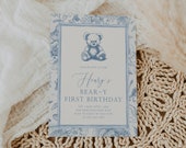 Teddy Bear First Birthday Invitation: Blue Chinoiserie (Editable Template) | DC257