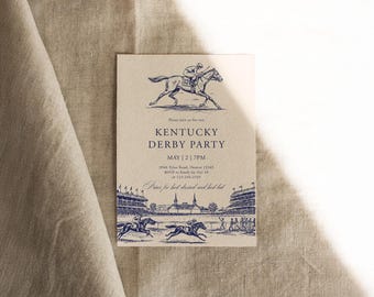 May include: A cream-coloured invitation for a Kentucky Derby Party, featuring a blue illustration of a horse race. The text reads "KENTUCKY DERBY PARTY" and the date "MAY | 2 | 7PM". The invitation is printed on textured paper.