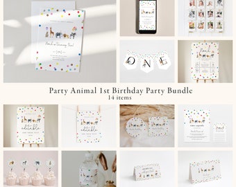 Party Animals First Birthday Party Bundle, Wild One Animals Invitation Zoo Safari Birthday Invitation Bundle | DC205