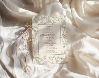 May include: Graduation party invitation with a floral design in green and cream. The invitation includes the text "Graduation Party" and event details. The invitation is set against a backdrop of white fabric and a sprig of dried flowers.