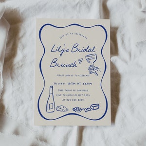 Brautparty Einladungskarte, Brunch & Sekt, Brautbrunch einladen, Champagner-Dusche, illustriert, Wellen | DC266