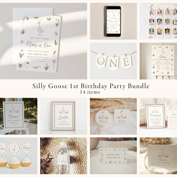 Goose First Birthday Party Bundle, Silly Goose Birthday Invitation Bundle, Farm, Editable, Printable | DC302