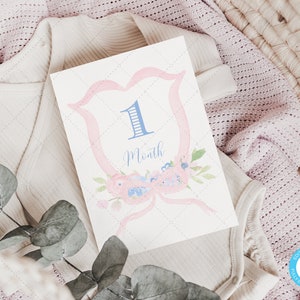 Cartes d'étape mensuelles pour bébé avec écusson classique, marqueurs d'étape importante, fille, cartes de mois de bébé, panneaux, écusson monogramme | DC259