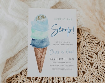 Ice Cream Birthday Invitation Card,  Ice Cream Party, Blue and Mint, Cones | DC150