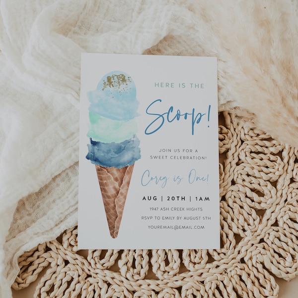 Ice Cream Birthday Invitation Card,  Ice Cream Party, Blue and Mint, Cones | DC150