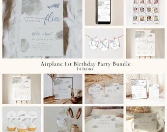 May include: A collection of airplane-themed party supplies, including invitations, banners, cupcake toppers, and thank you cards. The designs feature watercolor clouds and airplanes in shades of gray and blue. The text "Oh how time flies" is visible.