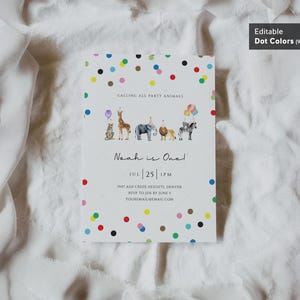 Party Animals Birthday Invitation Card, Wild One Animals Invitation Zoo Safari, Editable Dot Color | DC205