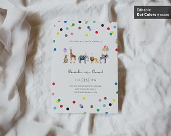 Party Animals Birthday Invitation Card, Wild One Animals Invitation Zoo Safari, Editable Dot Color | DC205