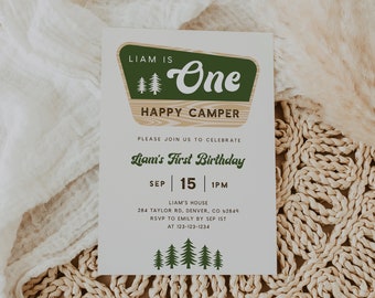 One Happy Camper Birthday Invitation, Camping Birthday Invitation Boy, Camping First Birthday Invite, Camp | DC290